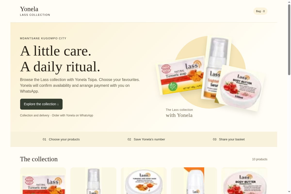 Screenshot of the Yonela Lass skincare website